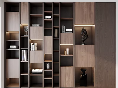 Modern Bookcase Interior Design With Wooden Open Shelves And Decorative Display Storage 3d model