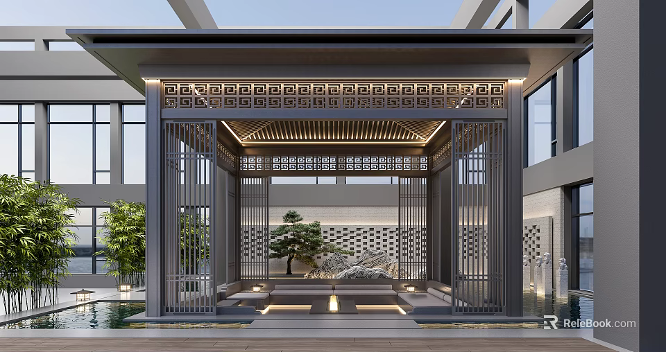 New Chinese Courtyard Pavilion With Rockery Water Feature And Green Plants 3d model 