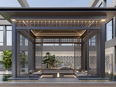 New Chinese Courtyard Pavilion With Rockery Water Feature And Green Plants 3d model