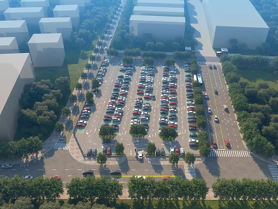 Aerial View of Parking Lot Filled with Cars Surrounding Buildings Trees Green Belts and Roads 3d model