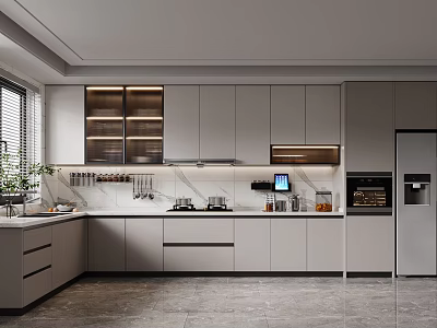 Modern Kitchen Interior Design With Gray Cabinets Window Countertop And Appliances 3d model