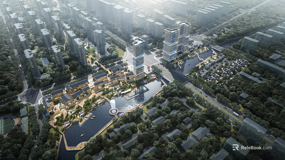 Aerial Planning With High Rise Buildings River Green Spaces And Urban Roads 3d model 