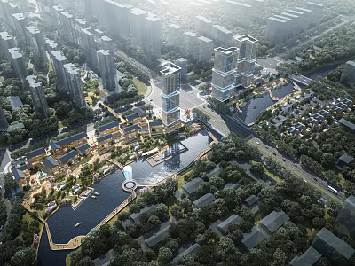 Aerial Planning With High Rise Buildings River Green Spaces And Urban Roads 3d model