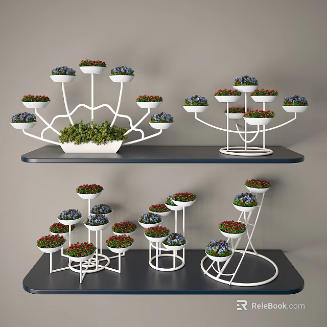 Modern Metal Multi Tiered Garden Decor Plant Stands With Red Blue Flowers And Green Plants 3d model 