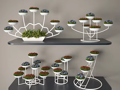 Modern Metal Multi Tiered Garden Decor Plant Stands With Red Blue Flowers And Green Plants 3d model