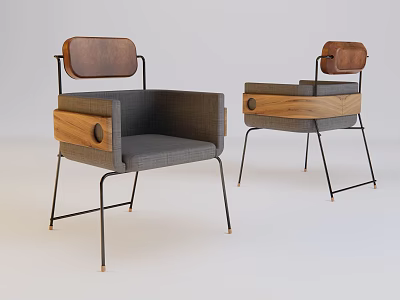 Modern Leisure Chair With Brown Backrest Wooden Armrests Gray Fabric And Metal Legs 3d model