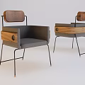 Modern Leisure Chair With Brown Backrest Wooden Armrests Gray Fabric And Metal Legs