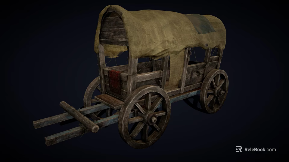 Vintage Old Wooden Wagon with Canvas Cover and Large Wooden Wheels 3d model 