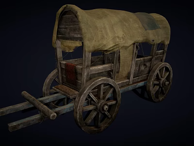 Vintage Old Wooden Wagon with Canvas Cover and Large Wooden Wheels 3d model