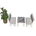 Table and Bench Set with Marble Top Light Colored Benches and Green Plant