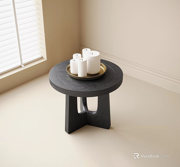 Black Round Side Table With Unique Base Gold Tray Holding White Candles By Window 3d model