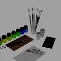 Art Supplies Collection With Paint Brushes Jars Palette And Paper
