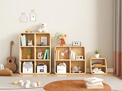 Wooden Decorative Cabinets with Books Stuffed Toys Potted Plants and Photo Frames in Kids Room 3d model