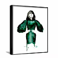 Portrait Painting of Woman in Green Dress with Puffy Sleeves and White Background