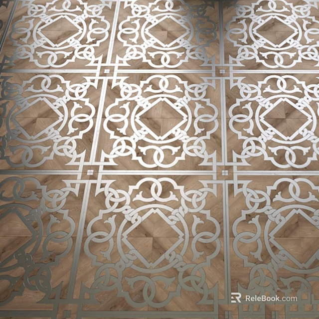 Symmetrical Wooden Parquet Floor With Intricate White Geometric Curl Patterns 3d model 