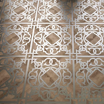 Symmetrical Wooden Parquet Floor With Intricate White Geometric Curl Patterns 3d model