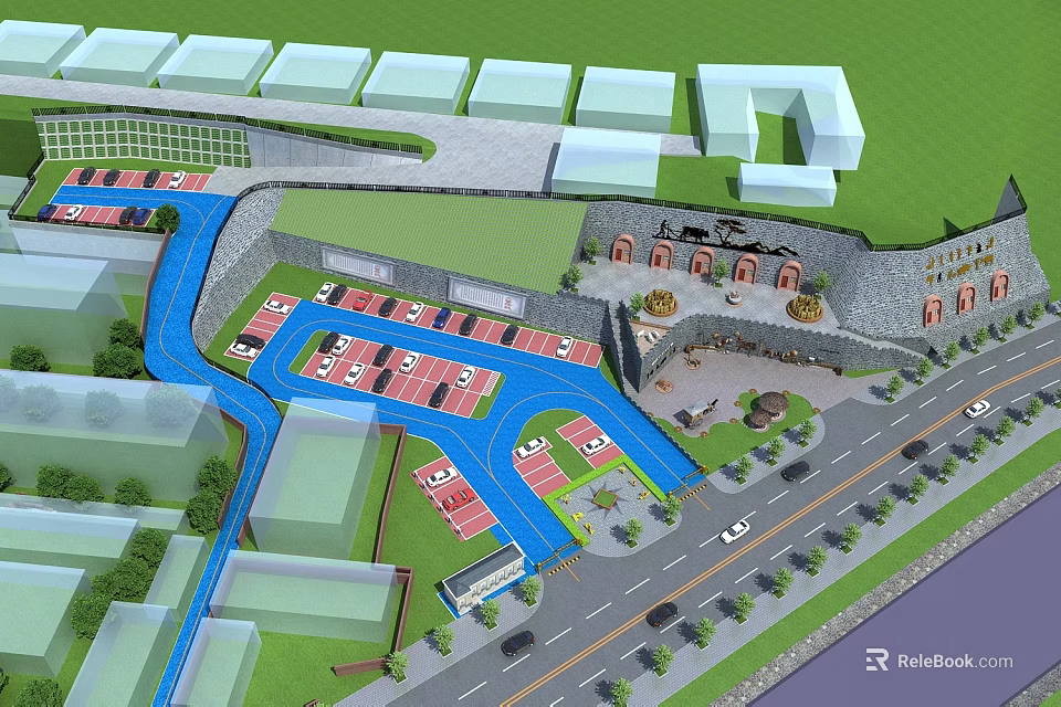 Modern Multi Level Parking Lot Design With Green Areas And Road Connections 3d model 