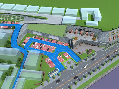 Modern Multi Level Parking Lot Design With Green Areas And Road Connections 3d model