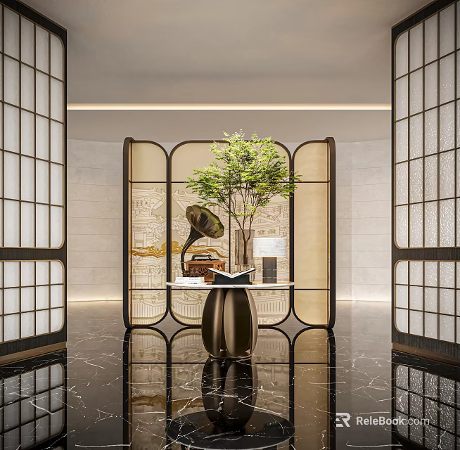 Elegant Hotel Lobby Entrance With Arched Screens Tall Green Plant And Marble Floor 3d model 