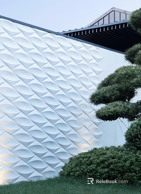 White Geometric Feature Wall With Recessed Patterns Soft Lighting And Green Plants 3d model