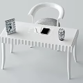 White Modern Desk with Scalloped Edge Decorative Clock Notebook Mobile Phone and Vase