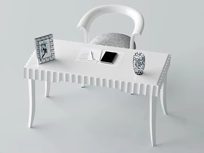 White Modern Desk with Scalloped Edge Decorative Clock Notebook Mobile Phone and Vase 3d model