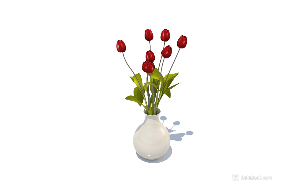 Elegant White Vase With Fresh Red Tulips And Green Leaves For Home Decoration 3d model 