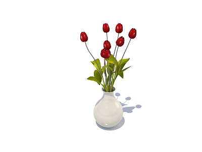 Elegant White Vase With Fresh Red Tulips And Green Leaves For Home Decoration 3d model