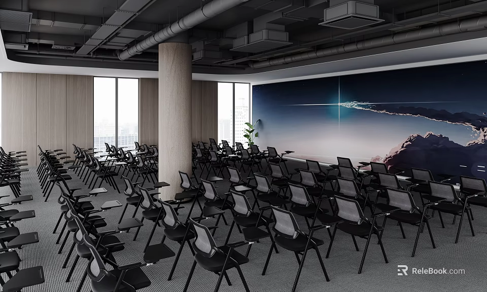 Modern Conference Room With Rows Of Black Chairs Large Projection Screen And City View Windows 3d model 