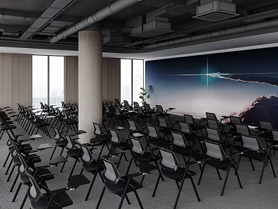 Modern Conference Room With Rows Of Black Chairs Large Projection Screen And City View Windows 3d model