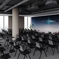 Modern Conference Room With Rows Of Black Chairs Large Projection Screen And City View Windows