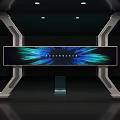 Futuristic Tech Display Room With Large Screen Metal Frames Blue Lighting And Transparent Stand