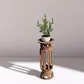 Bonsai Potted Plant On Decorative Wicker Rattan Pedestal Against Light Wall