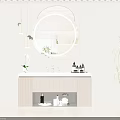 Modern Bathroom Vanity with Round Gold Framed Mirror Marble Countertop and Pendant Lights