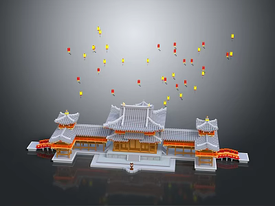 Ancient Traditional Architecture With Classical Roof And Floating Colorful Lanterns And Cultural Heritage Scene 3d model