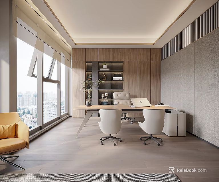 Modern Office Interior Design With Spacious Layout Large Windows City View And Wooden Walls 3d model 