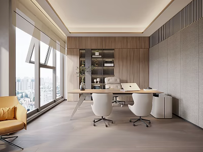 Modern Office Interior Design With Spacious Layout Large Windows City View And Wooden Walls 3d model