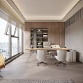 Modern Office Interior Design With Spacious Layout Large Windows City View And Wooden Walls