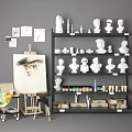 Art Supplies and Musical Instruments Collection with Easel Paints Plaster Busts on Shelves