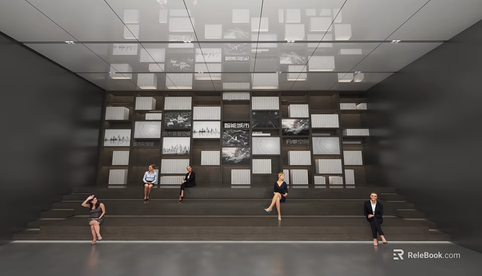 Exhibition Hall Interior Design With Display Wall Panels Seating Steps People And Modern Lighting 3d model 