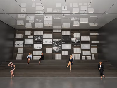 Exhibition Hall Interior Design With Display Wall Panels Seating Steps People And Modern Lighting 3d model