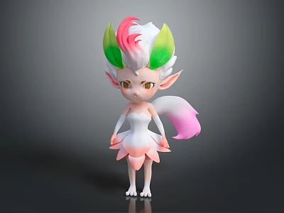 Cute Game Movie Character With Colorful Hair Pink Green Accents White Dress Pink Tail 3d model