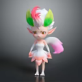 Cute Game Movie Character With Colorful Hair Pink Green Accents White Dress Pink Tail