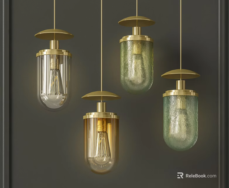 Modern Brass Pendant Lights With Green And Clear Glass Shades On Dark Background 3d model 