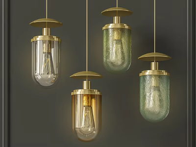 Modern Brass Pendant Lights With Green And Clear Glass Shades On Dark Background 3d model