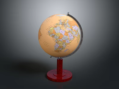 Detailed World Globe With Red Wooden Base And Metal Stand 3d model