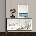 Entryway Console Table With Landscape Pattern Bonsai Tree And Wall Painting Decor 3d model