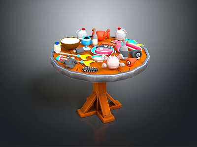 Round Wooden Leg Dining Table Set with Tabletop Dinnerware Tea Sets and Various Utensils 3d model