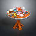 Round Wooden Leg Dining Table Set with Tabletop Dinnerware Tea Sets and Various Utensils 3d model