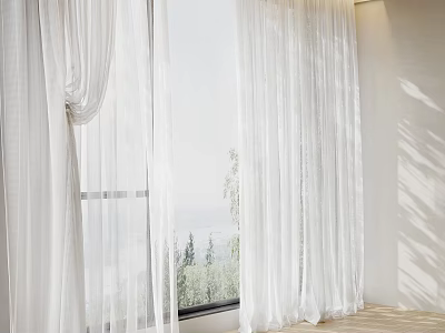 Elegant White Sheer Curtains Flowing in Sunlight by Window with Tree View 3d model